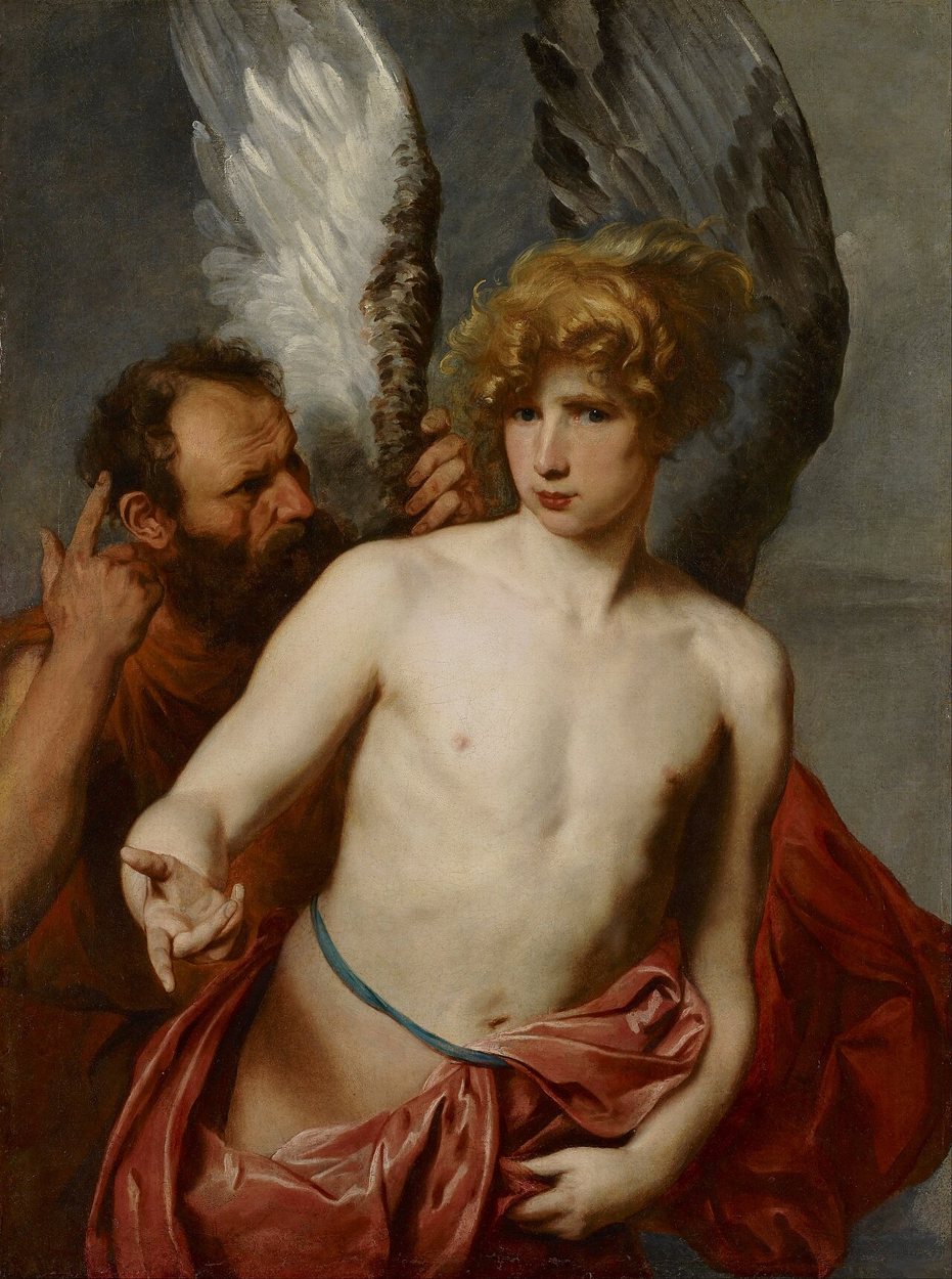 Painting by Anthony van Dyck: a fair-haired young Icarus with large wings behind him and red drapery at his hips looks straight at the viewer, while the bearded Daedalus in a red cloak leans over his shoulder, raising a finger and speaking urgently