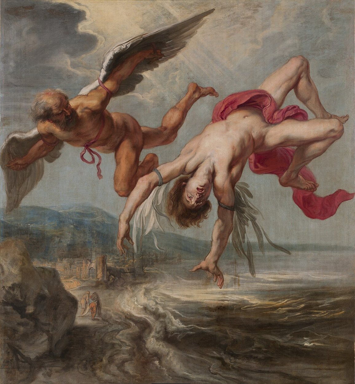Painting by Jacob Peter Gowy: in a grey sky the white-haired Daedalus reaches towards his son as Icarus tumbles head first in a red cloth, feathers slipping from his arms; below, a rough sea and a distant shore with a town