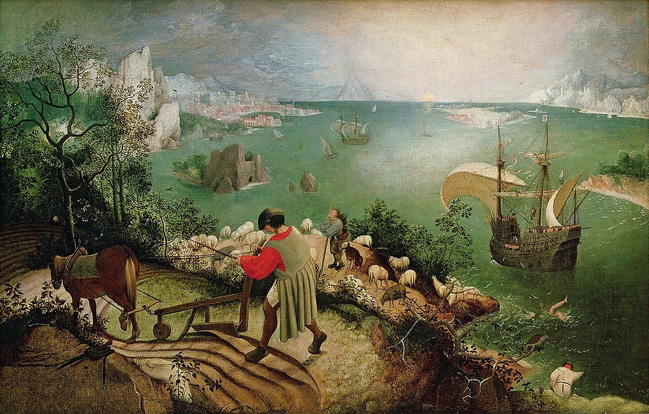 Landscape with the Fall of Icarus: in the foreground a ploughman in a red shirt walks behind a horse-drawn plough, a shepherd with his flock looks up at the sky, an angler sits at the lower right; a large sailing ship crosses the green sea and beside it the legs of the fallen Icarus stick out of the water; a city, cliffs and a low sun on the horizon